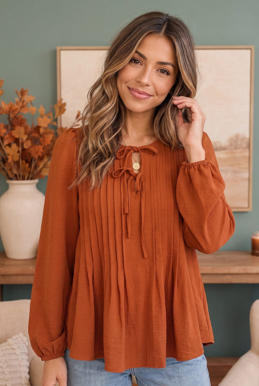 Sipping Cider Tie Neck Blouse