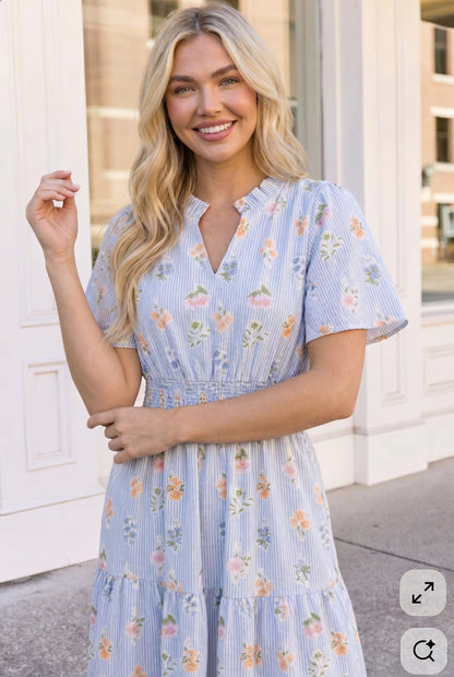 Flutter Into Late Summer Sweet Striped Floral Midi