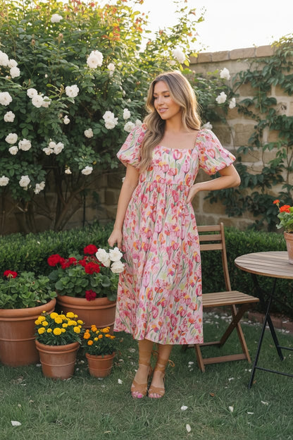 Bouquet of Tulips Pocketed Midi Dress