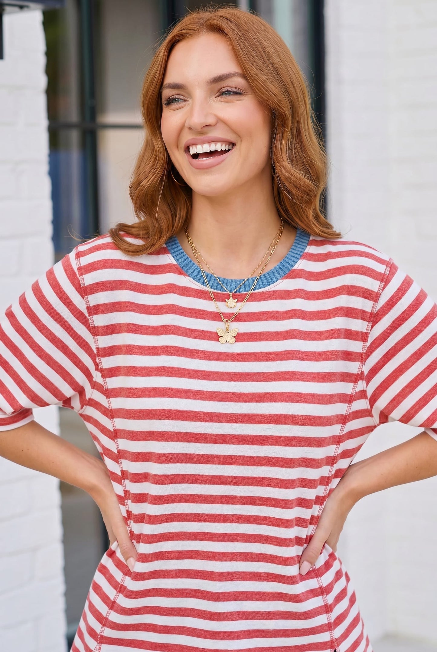 Retro Stripe Oversized Tee with Contrast Ribbed Neck