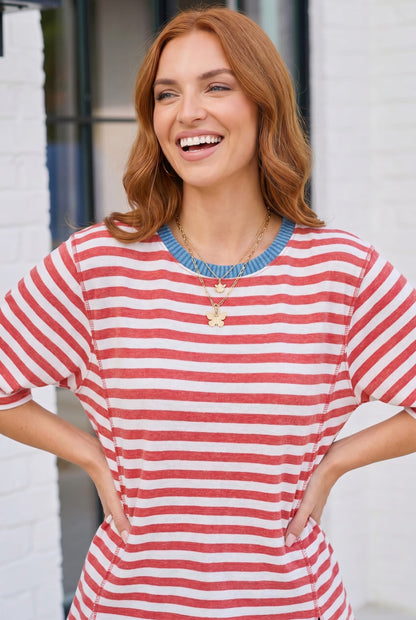 Retro Stripe Oversized Tee with Contrast Ribbed Neck