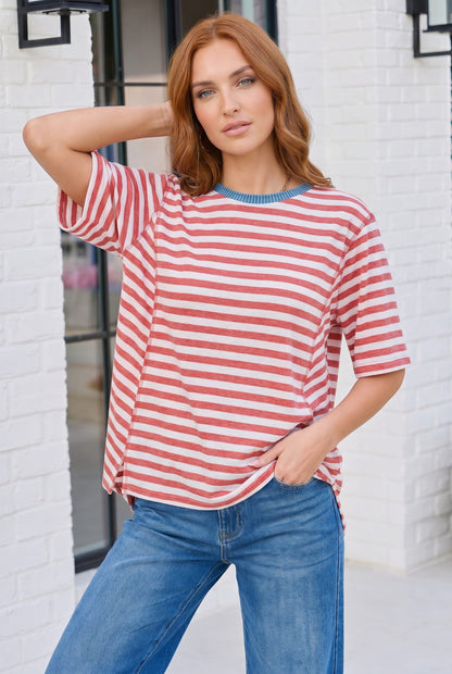 Retro Stripe Oversized Tee with Contrast Ribbed Neck